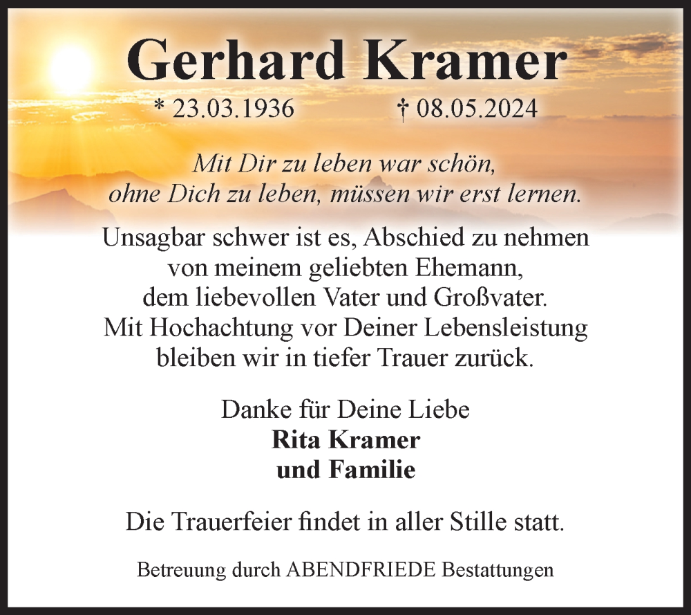 Traueranzeigen Von Gerhard Kramer Abschied Nehmen De