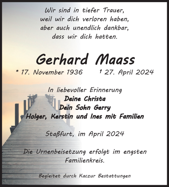 Traueranzeige von Gerhard Maass von Volksstimme Staßfurt