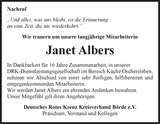 Traueranzeige von Janet Albers von Volksstimme Oschersleben/Wanzleben