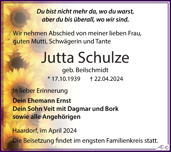 Traueranzeige von Jutta Schulze von Trauerkombi Zeitz