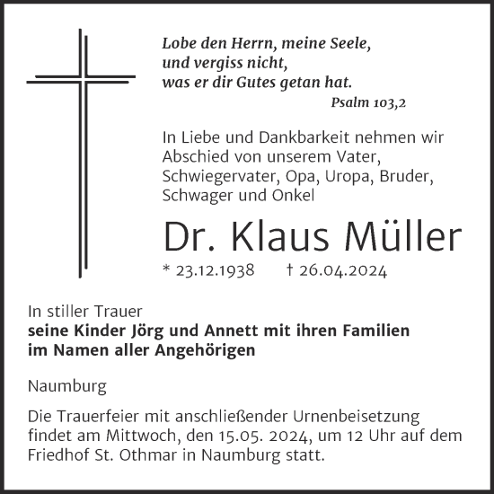 Traueranzeige von Klaus Müller von Naumburger Tageblatt