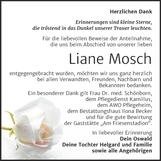 Traueranzeige von Liane Mosch von Trauerkombi Sangerhausen