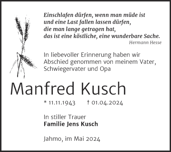 Traueranzeige von Manfred Kusch von Trauerkombi Wittenberg
