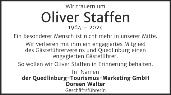Traueranzeige von Oliver Staffen von Super Sonntag Quedlingburg