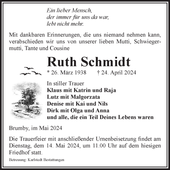 Traueranzeige von Ruth Schmidt von Volksstimme Schönebeck