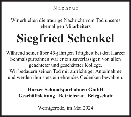 Traueranzeige von Siegfried Schenkel von Volksstimme Wernigerode