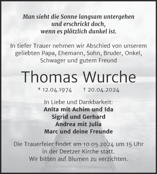 Traueranzeige von Thomas Wurche von Volksstimme Zerbst