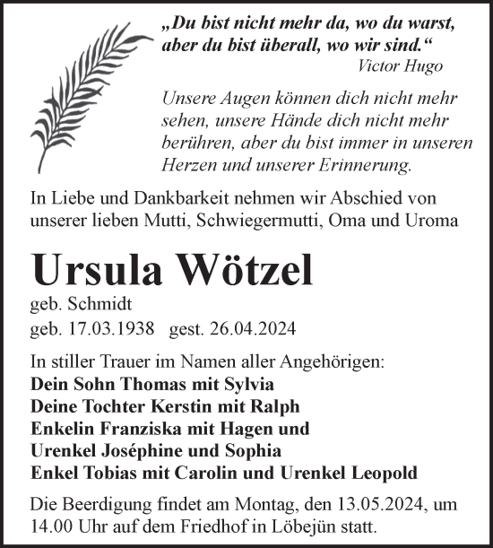 Traueranzeige von Ursula Wötzel von Mitteldeutsche Zeitung Halle/Saalkreis