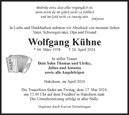 Traueranzeige von Wolfgang Kühne von Volksstimme Staßfurt