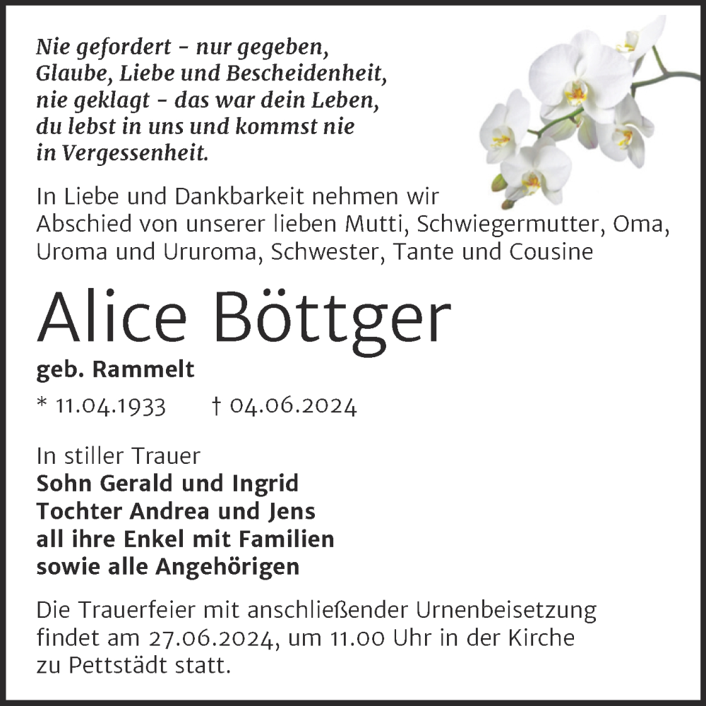 Traueranzeigen Von Alice Bottger Abschied Nehmen De