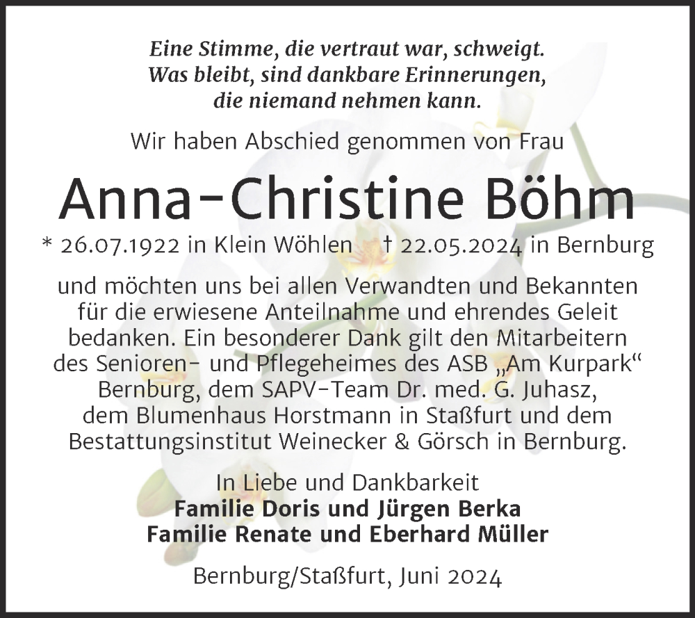 Traueranzeigen von Anna Christine Böhm abschied nehmen de