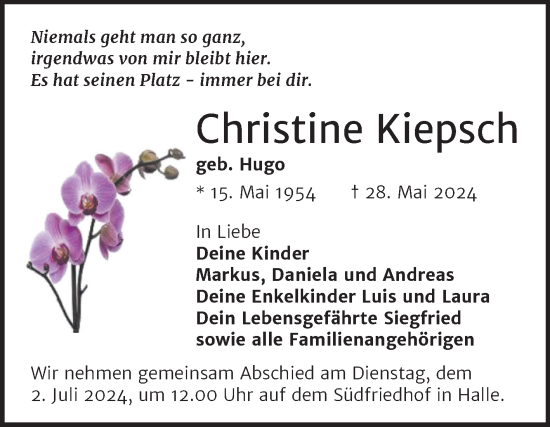 Traueranzeigen Von Christine Kiepsch Abschied Nehmen De