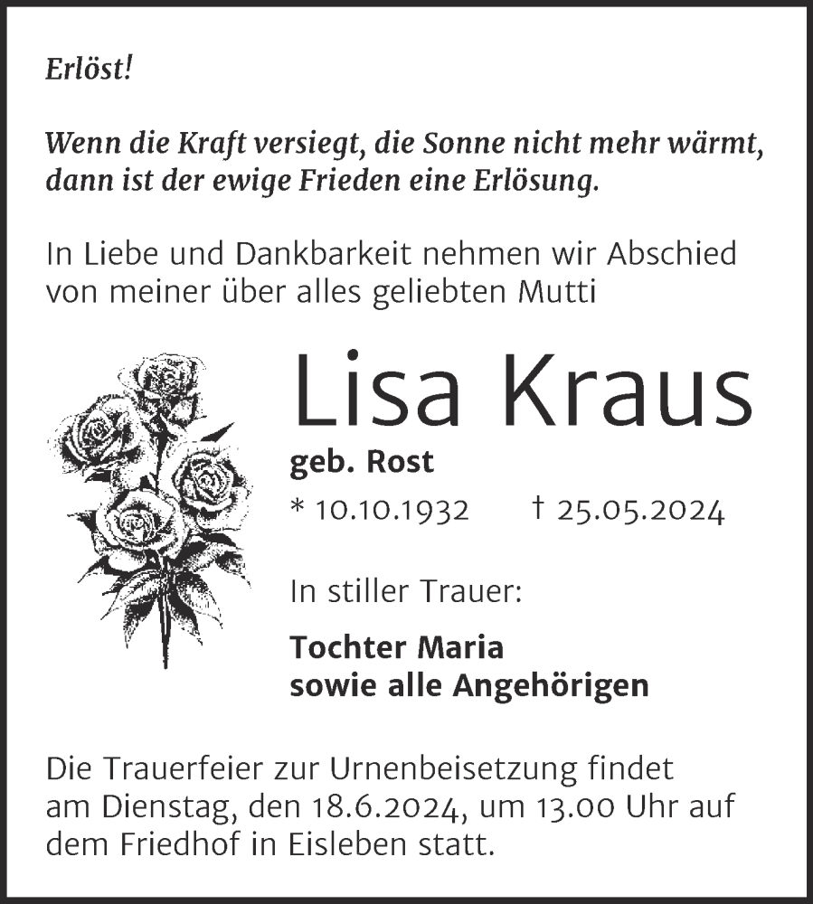 Traueranzeigen Von Lisa Kraus Abschied Nehmen De