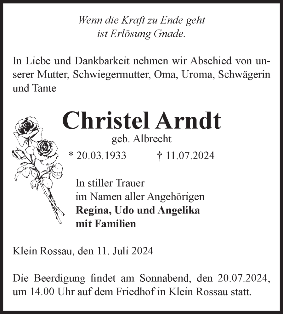 Traueranzeigen Von Christel Arndt Abschied Nehmen De