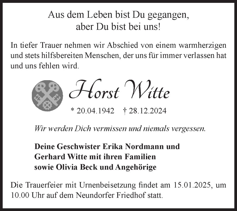 Traueranzeigen Von Horst Witte Abschied Nehmen De