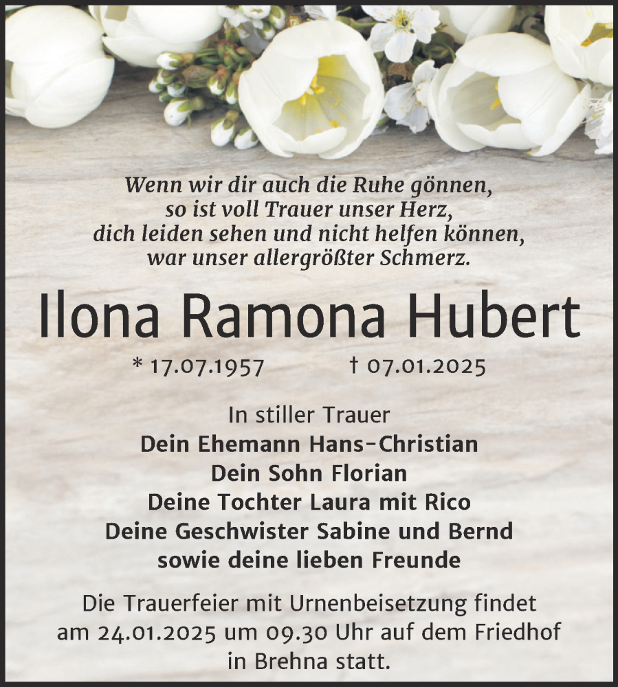 Traueranzeigen Von Ilona Ramona Hubert Abschied Nehmen De