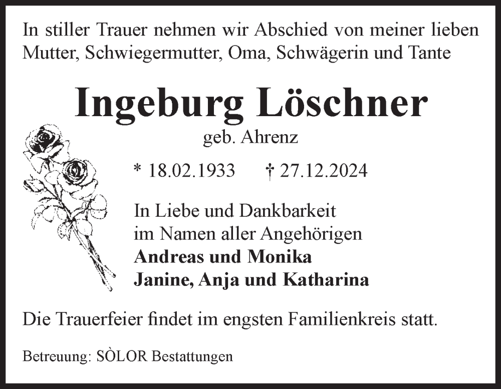 Traueranzeigen Von Ingeburg L Schner Abschied Nehmen De