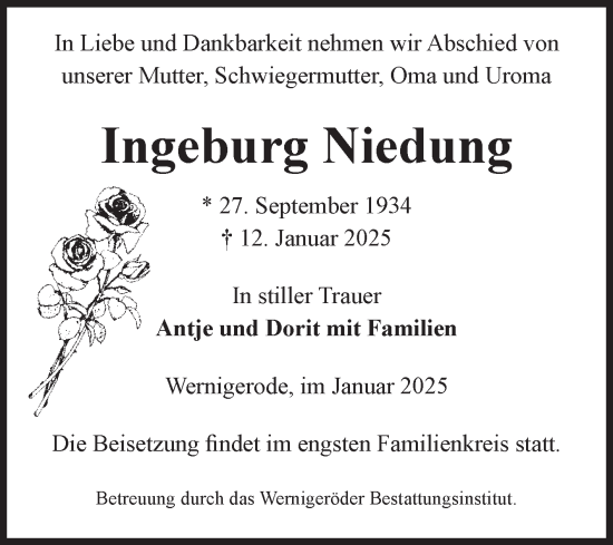 Traueranzeigen Von Ingeburg Niedung Abschied Nehmen De