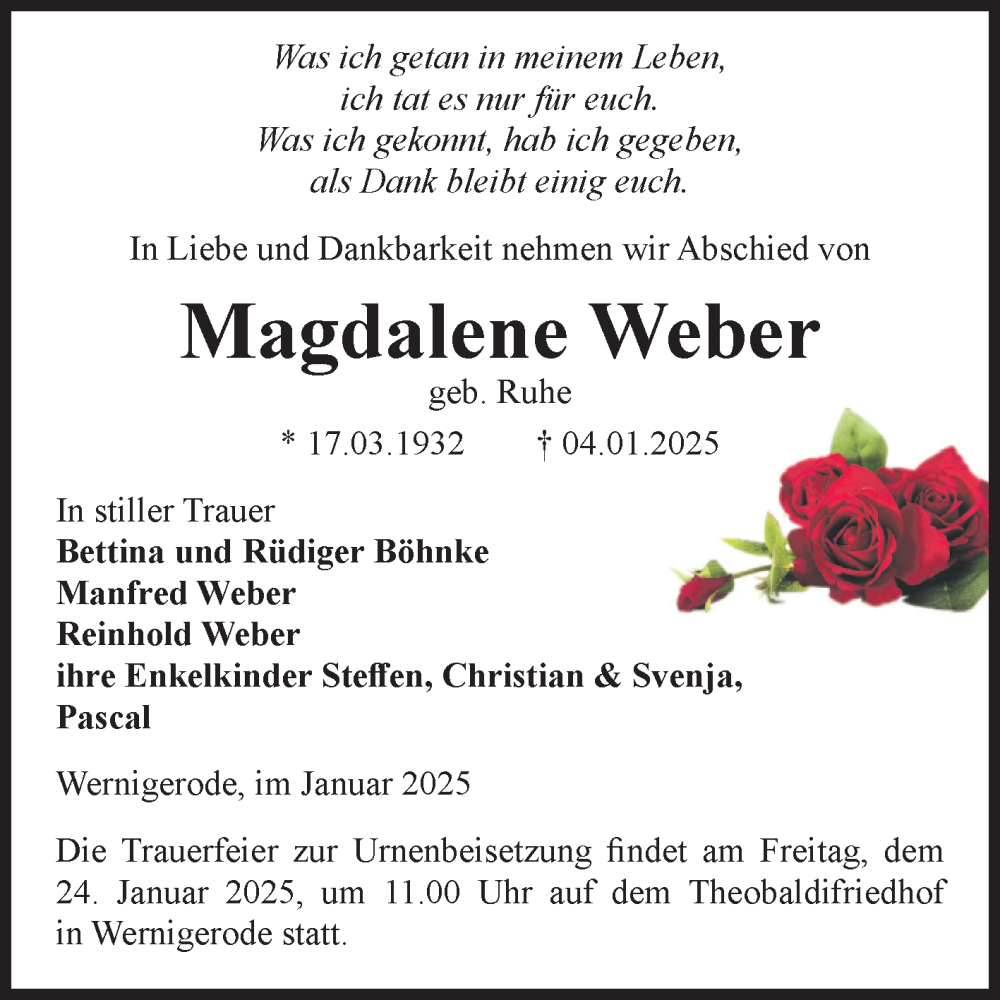 Traueranzeigen Von Magdalene Weber Abschied Nehmen De