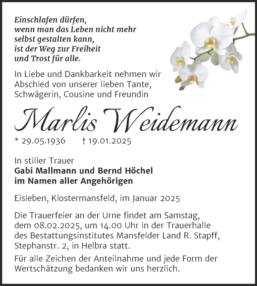 Traueranzeigen Von Marlis Weidemann Abschied Nehmen De